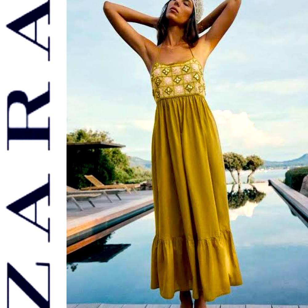 ZARA Mixed Beaded Crochet Lace Dress Halter Backless Khaki Midi-Maxi Dress